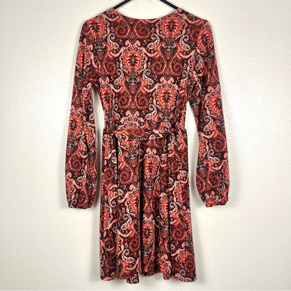 Anthropologie Maeve Belted Paisley V-Neck Long Sleeve A-Line Knit Dress Small - Picture 7 of 8